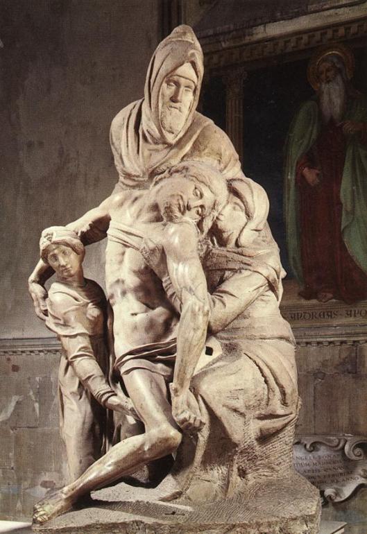 "Pieta" 1550, said to be a self-portrait,  originally carved for Michelangelo's tomb -- later mutilated